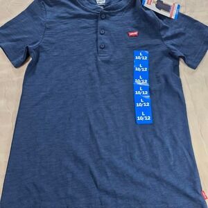 Levis Youth Boys Short Sleeve Henley Shirt Navy Blue  Knit Relaxed Fit L 10/12